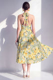A-Line Pink Flower Halter Neck Midi Dress with Bow