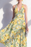 A-Line Pink Flower Halter Neck Midi Dress with Bow