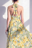 A-Line Pink Flower Halter Neck Midi Dress with Bow