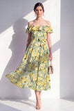 A-Line Pink Flower Off the Shoulder Midi Dress