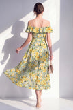 A-Line Pink Flower Off the Shoulder Midi Dress