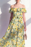 A-Line Pink Flower Off the Shoulder Midi Dress
