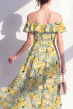 A-Line Pink Flower Off the Shoulder Midi Dress