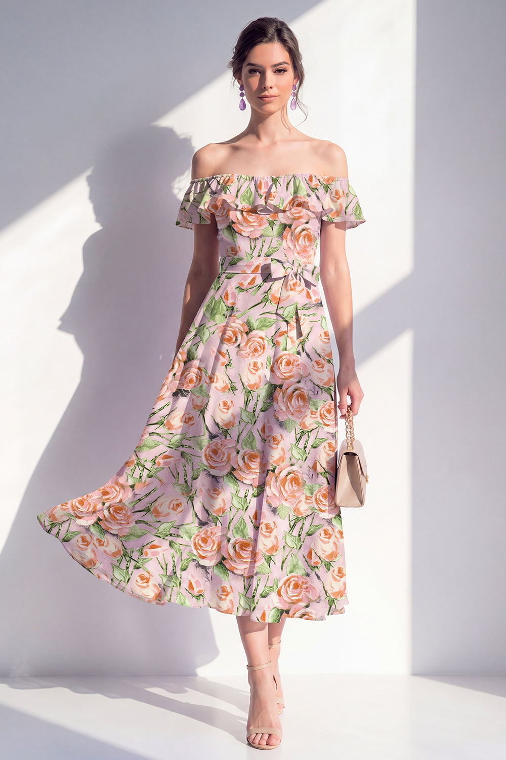 Zapaka Women Pink Flower A-Line Midi Dress Off the Shoulder Wedding ...