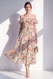 A-Line Pink Flower Off the Shoulder Midi Dress