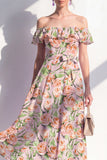 A-Line Pink Flower Off the Shoulder Midi Dress