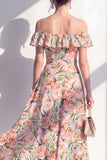 A-Line Pink Flower Off the Shoulder Midi Dress