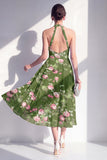 A-Line Chiffon Dark Green Halter Neck Midi Floral Dress