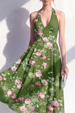 A-Line Chiffon Dark Green Halter Neck Midi Floral Dress
