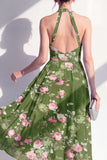 A-Line Chiffon Dark Green Halter Neck Midi Floral Dress