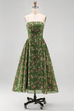 Strapless A-Line Chiffon Dark Green Midi Floral Dress