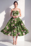 Strapless A-Line Chiffon Dark Green Midi Floral Dress