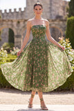 Strapless A-Line Chiffon Dark Green Midi Floral Dress