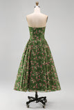Strapless A-Line Chiffon Dark Green Midi Floral Dress