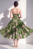 Strapless A-Line Chiffon Dark Green Midi Floral Dress
