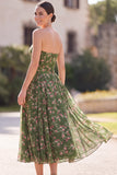 Strapless A-Line Chiffon Dark Green Midi Floral Dress