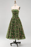 Strapless A-Line Chiffon Dark Green Midi Floral Dress