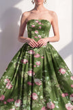 Strapless A-Line Chiffon Dark Green Midi Floral Dress