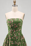 Strapless A-Line Chiffon Dark Green Midi Floral Dress