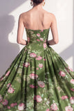 Strapless A-Line Chiffon Dark Green Midi Floral Dress