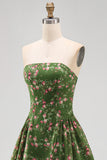 Strapless A-Line Chiffon Dark Green Midi Floral Dress