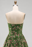 Strapless A-Line Chiffon Dark Green Midi Floral Dress