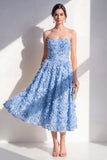 Strapless A-Line Blue Appliqued Floral Midi Dress