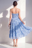 Strapless A-Line Blue Appliqued Floral Midi Dress