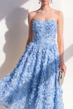 Strapless A-Line Blue Appliqued Floral Midi Dress