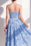 Strapless A-Line Blue Appliqued Floral Midi Dress