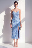 Blue Sheath Spaghetti Straps Appliqued Floral Midi Dress with Slit