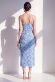 Blue Sheath Spaghetti Straps Appliqued Floral Midi Dress with Slit