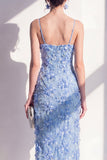 Blue Sheath Spaghetti Straps Appliqued Floral Midi Dress with Slit