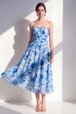 Blue Flower A-Line Strapless Chiffon Ruched Midi Dress