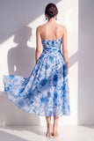 Blue Flower A-Line Strapless Chiffon Ruched Midi Dress