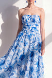 Blue Flower A-Line Strapless Chiffon Ruched Midi Dress