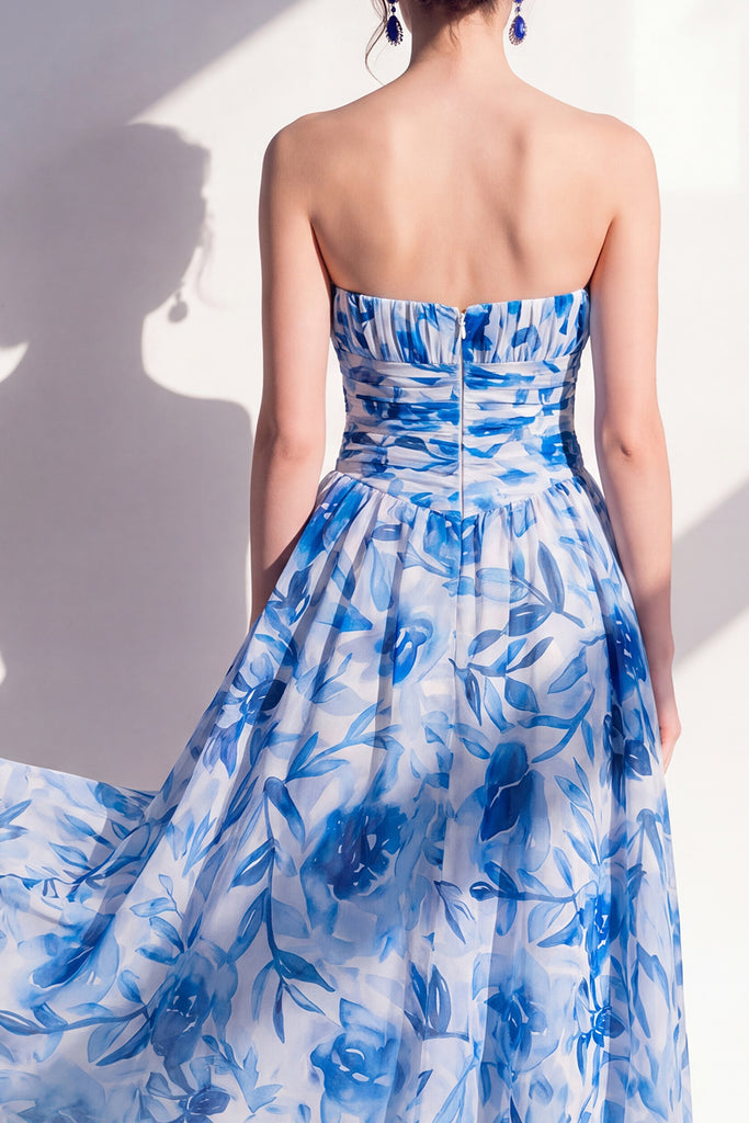 Zapaka Women Blue Flower Midi Dress A-Line Strapless Chiffon Ruched
