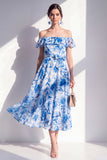 Blue Flower A-Line Off the Shoulder Chiffon Ruffled Midi Dress