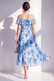 Blue Flower A-Line Off the Shoulder Chiffon Ruffled Midi Dress