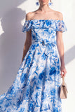Blue Flower A-Line Off the Shoulder Chiffon Ruffled Midi Dress
