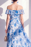 Blue Flower A-Line Off the Shoulder Chiffon Ruffled Midi Dress