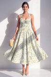 Light Green A-Line Halter Neck Chiffon Midi Floral Dress
