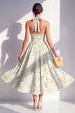 Light Green A-Line Halter Neck Chiffon Midi Floral Dress