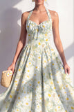 Light Green A-Line Halter Neck Chiffon Midi Floral Dress