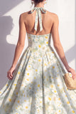 Light Green A-Line Halter Neck Chiffon Midi Floral Dress