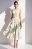 A-Line Light Green Bateau Neck Chiffon Midi Floral Dress