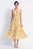 A-Line Yellow V-Neck Chiffon Pleated Midi Floral Dress
