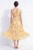 A-Line Yellow V-Neck Chiffon Pleated Midi Floral Dress