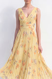 A-Line Yellow V-Neck Chiffon Pleated Midi Floral Dress