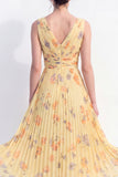 A-Line Yellow V-Neck Chiffon Pleated Midi Floral Dress